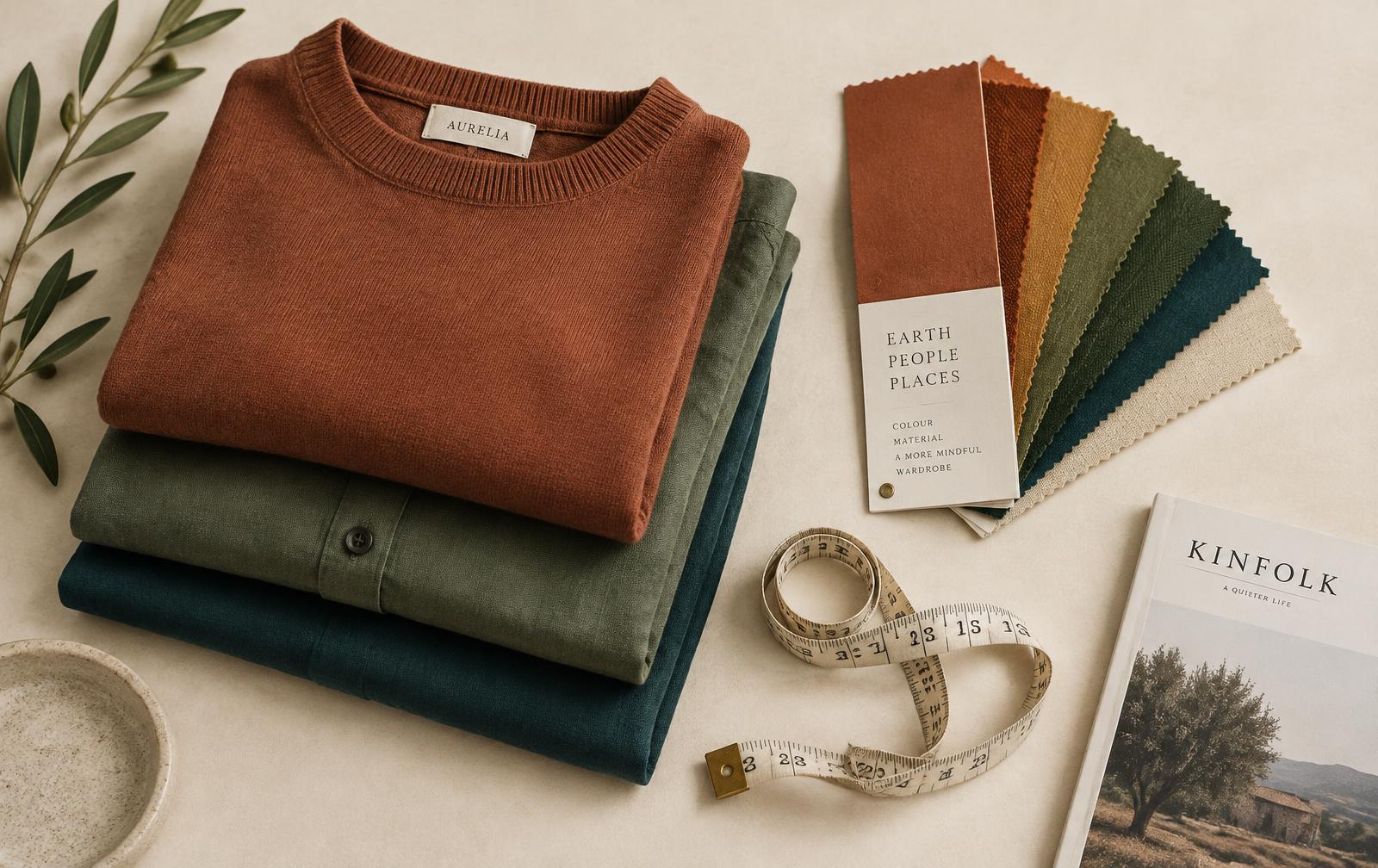 Folded clothes in terracotta, olive and teal beside a fabric colour fan and a measuring tape
